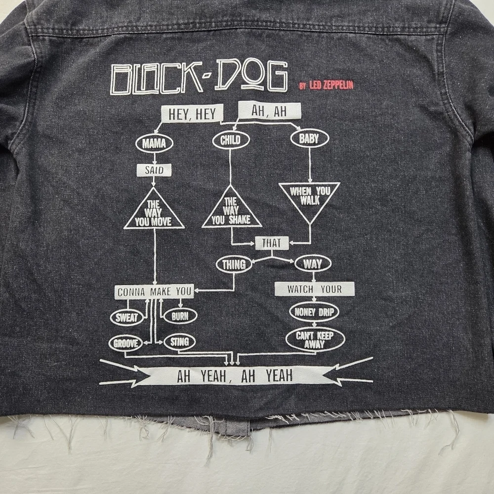Custom Distressed Black Denim Jacket Black‎ Dog Graphic Grunge Streetwear Size L